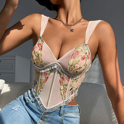 French Floral Lace Trim Cami Top Sexy Slim Fit