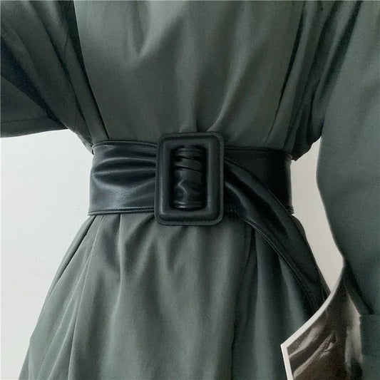 Vintage Solid Color Soft Leather Wide Waist Belt