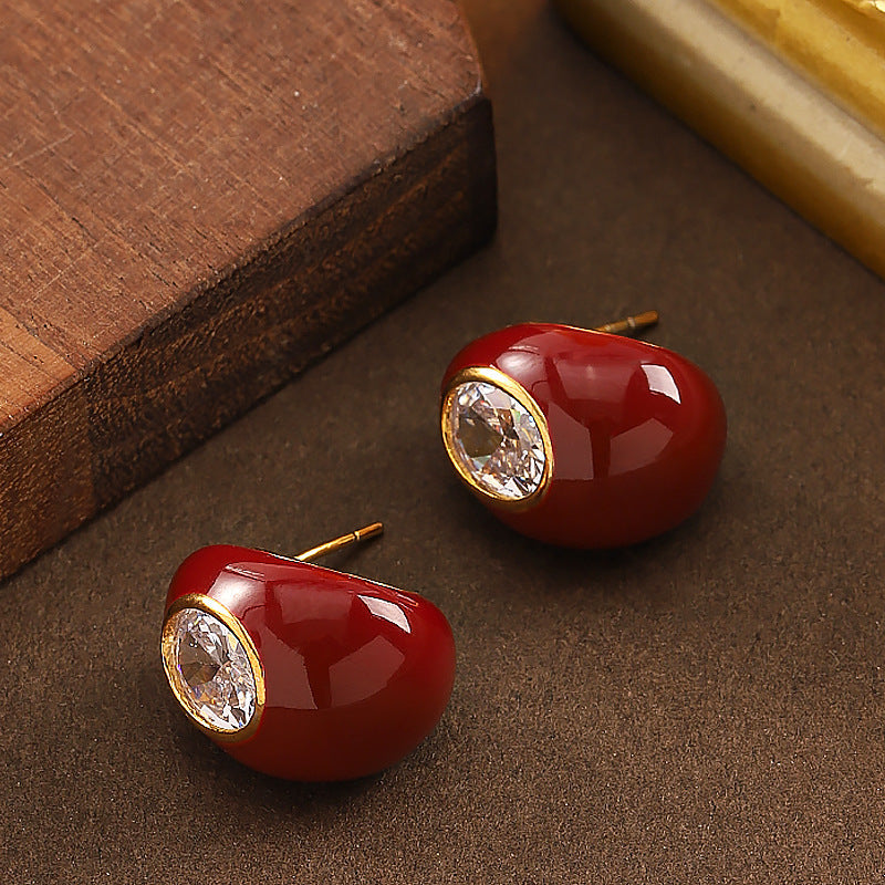 Fashionable Zirkon Stone Enamel Drip Glaze Red Water Drop Earrings