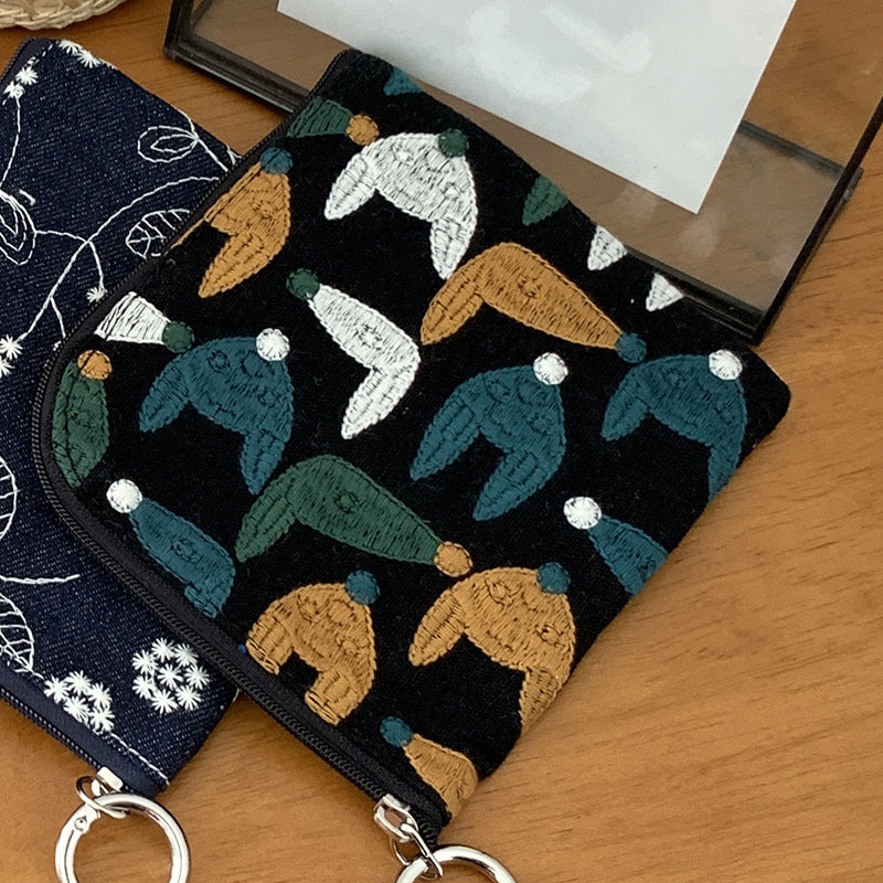 Cute Cotton Linen Embroidered Coin Purse Mini Makeup Bag