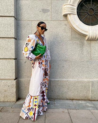 Holiday Style Lantern Sleeve Printed Long Skirt Mop The Floor Skirt