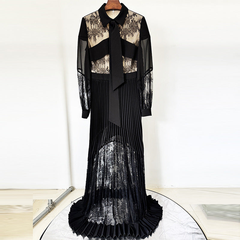 Lace Pleated Maxi Dress Elegant Casual Style