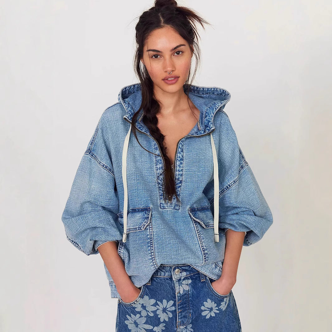 Hooded Denim Long Sleeve Top Casual Street Style