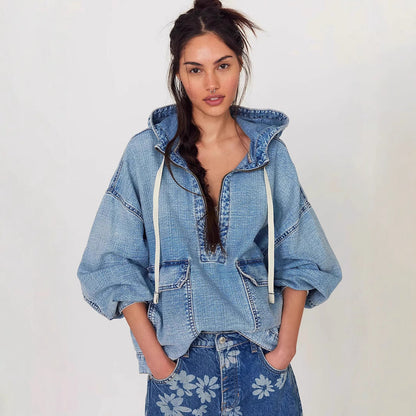 Hooded Denim Long Sleeve Top Casual Street Style