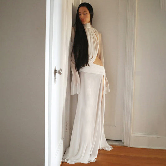 Sexy Sheer High Neck Flared Sleeve Top And Split Maxi Skirt Set