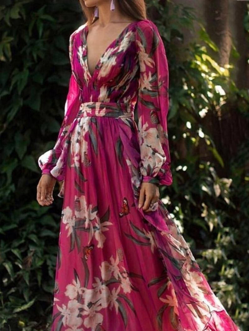 Fashion V-Neck Long Sleeve Maxi Dress With Floral Print