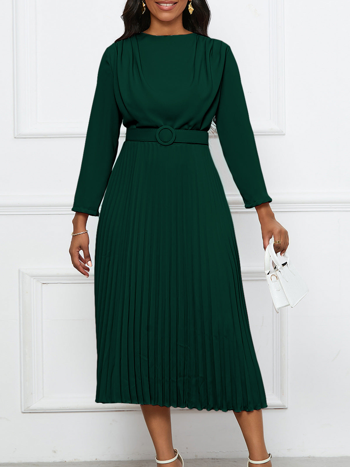 Elegant A-Line Midi Dress With Belt - Office Casualwear