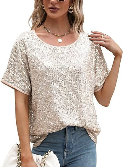 Loose Sequin Deep V-Neck Short Sleeve Top
