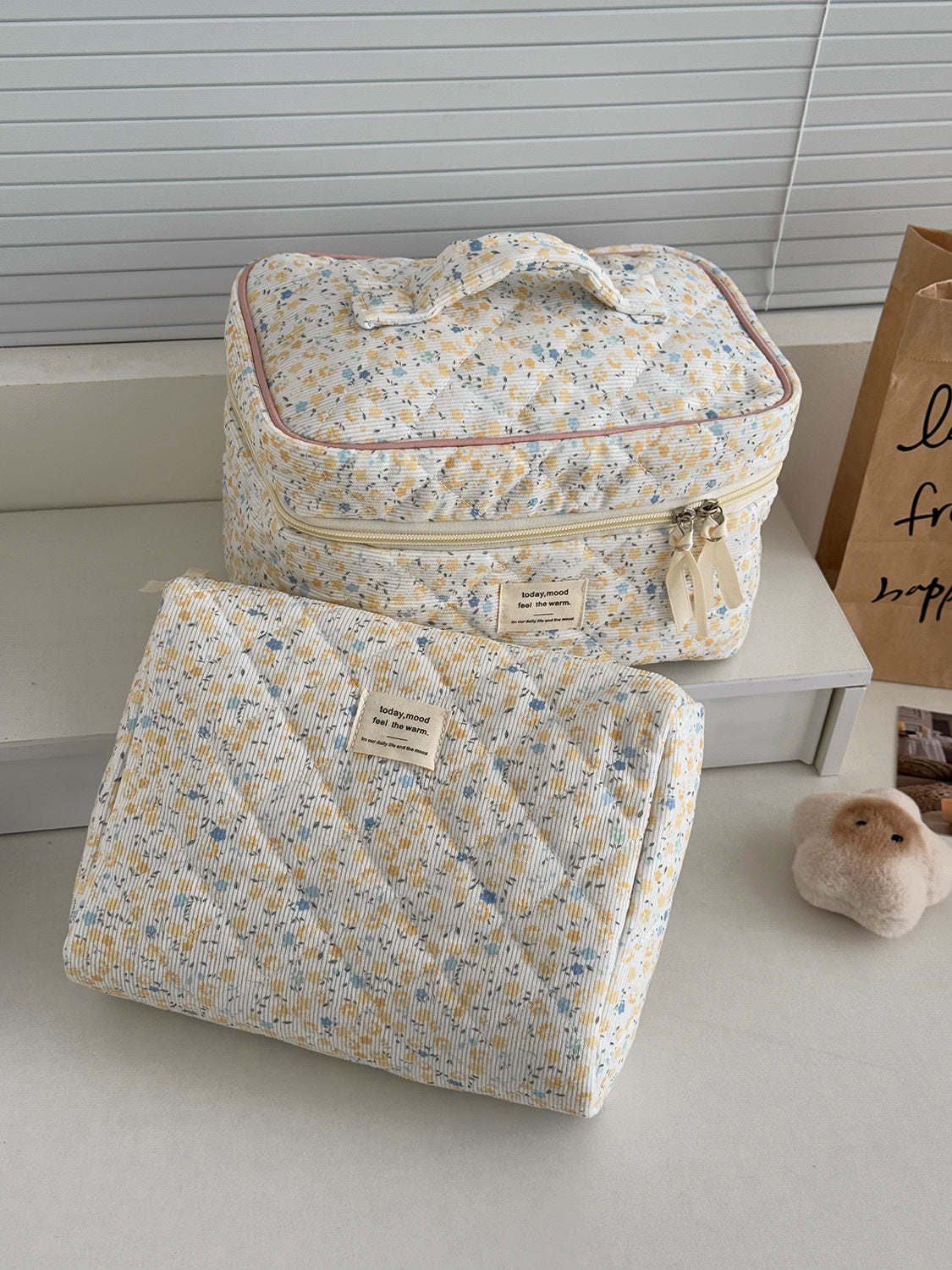 Floral Corduroy Makeup Bag Cute Travel Cosmetic Organizer
