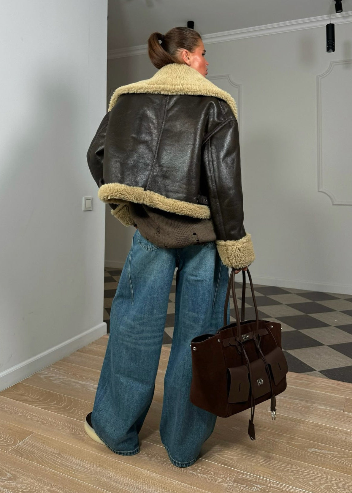 Leather Aviator Jacket With Shearling Lining