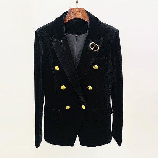 Double Breasted Velvet Blazer with Metal Lion Button