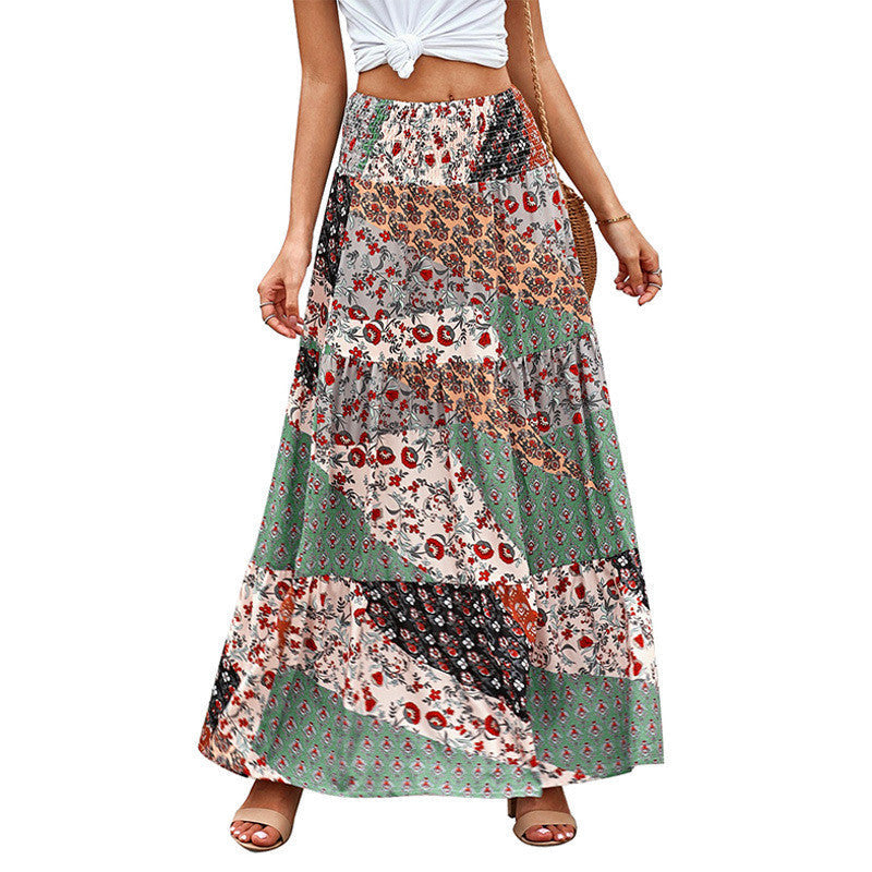 Printed Skirt Summer Ethnic Style High Waist Thin A-Line Skirt
