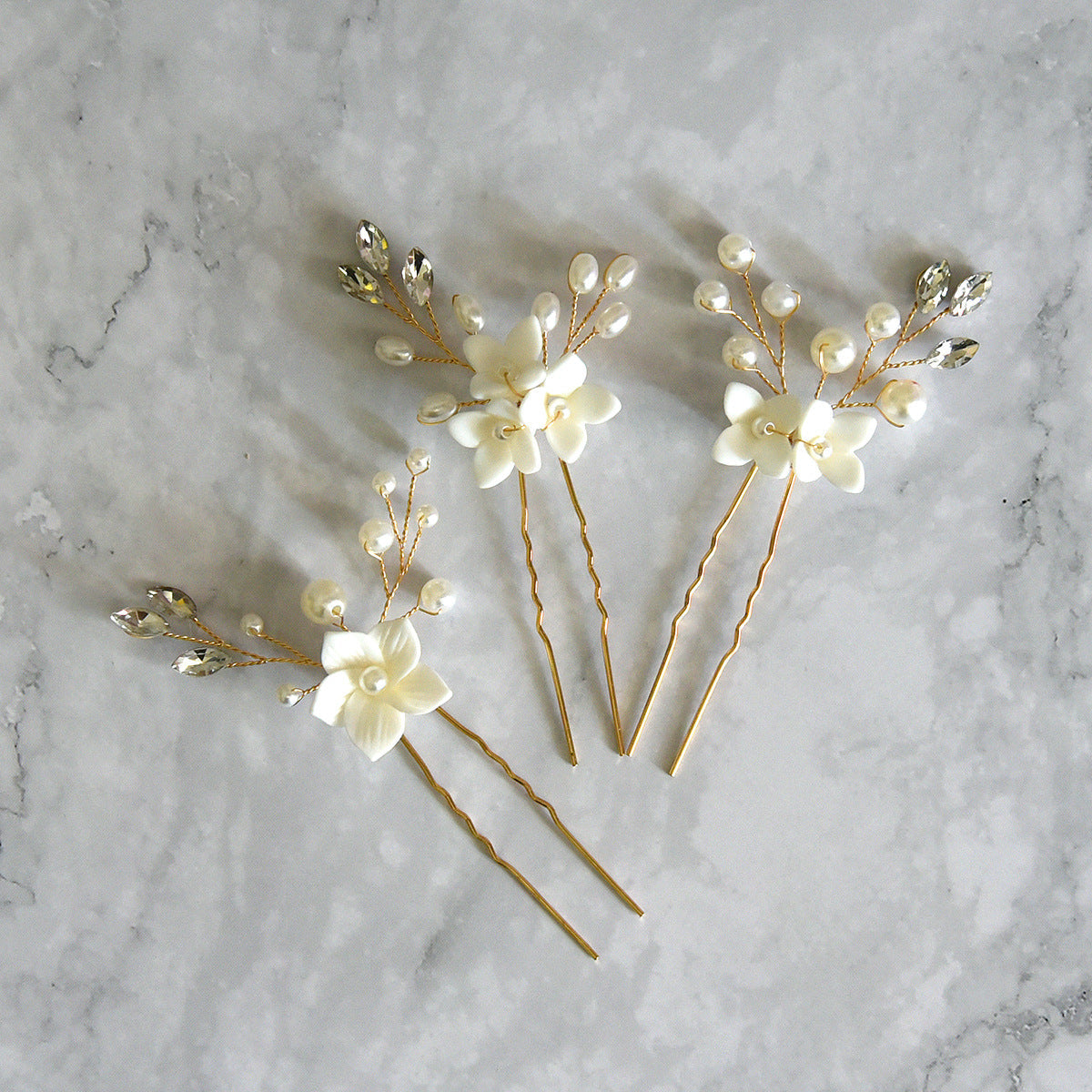 Bridal Wedding Hair Accessories Set of 3 White Floral U-Shaped Hair Pins