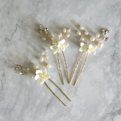 Bridal Wedding Hair Accessories Set of 3 White Floral U-Shaped Hair Pins