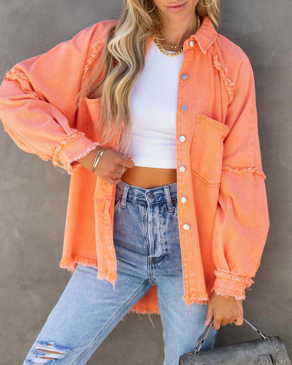 Washed Denim Fringe Jacket Chic Casual Oversized