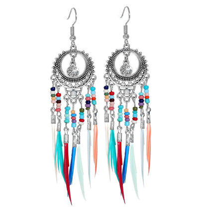 Bohemian Feather Tassel Earrings Vintage Geometric Design