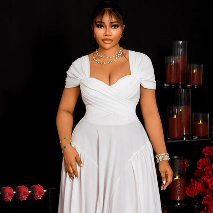 Elegant Solid Color Pleated A-Line Dress With V-Neck And Short Sleeves