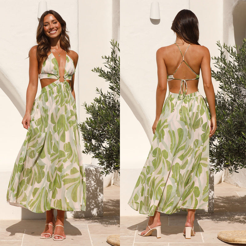 Summer New Women'S V-Neck Backless Lace Up Printed Large Hem Long Dress