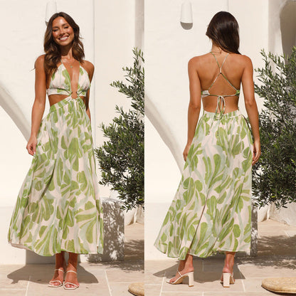 Summer New Women'S V-Neck Backless Lace Up Printed Large Hem Long Dress