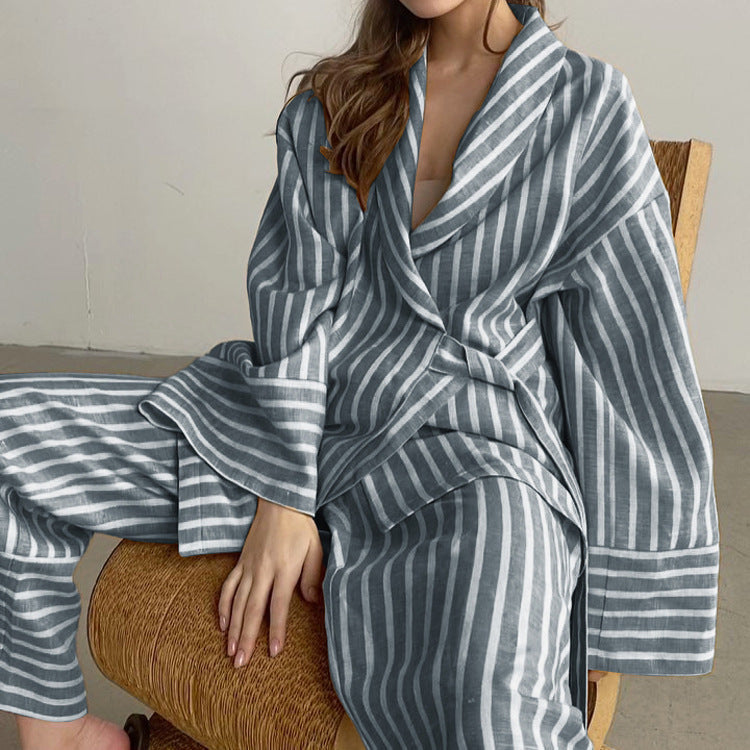 Fashionable Striped Long Sleeve Loose Tie Top & High Waist Pants Set