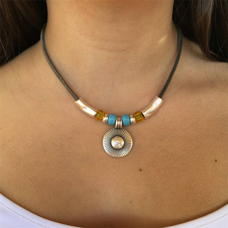 New Turquoise Round Necklace Alloy Round Brand Ccb Beaded Wax Rope Chain Punk Necklace
