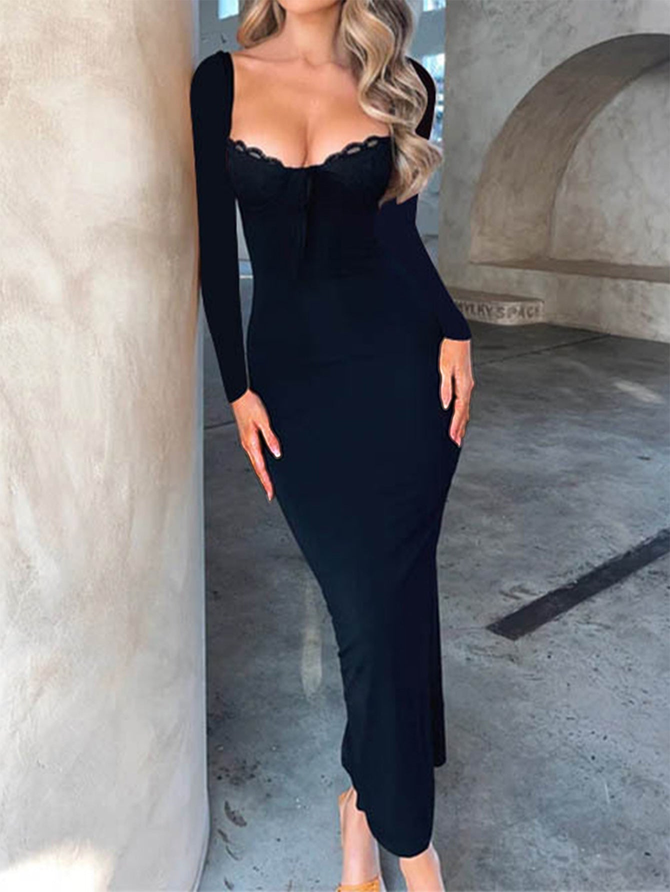 Elegant Long Sleeve Bodycon Dress V-Neck Knitted Casual Dress