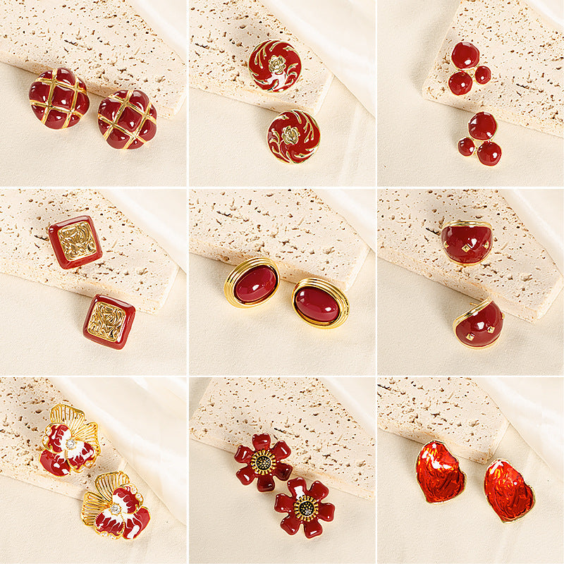 French Vintage Style Red Earrings With Silver Pins