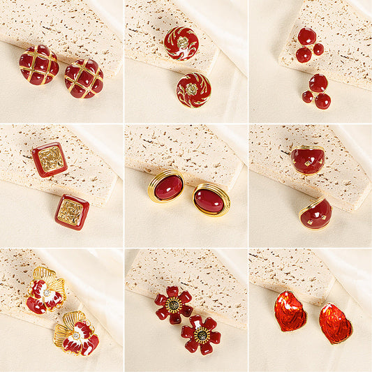 French Vintage Style Red Earrings With Silver Pins