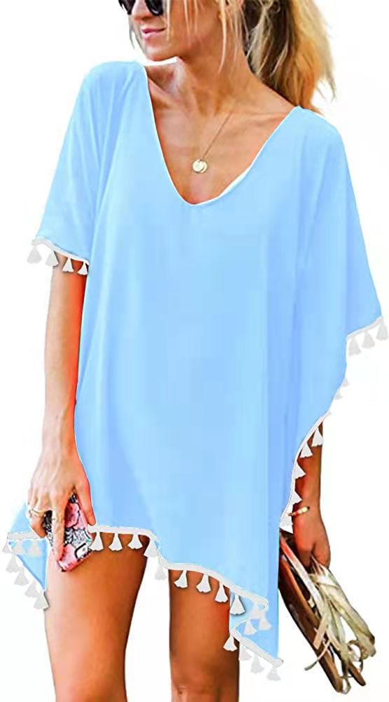 Crewneck Chiffon Fringed Dress Loose Fit Beach Blouse