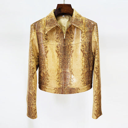 Snake Skin Pattern Faux Leather Jacket & Flared Pants Set