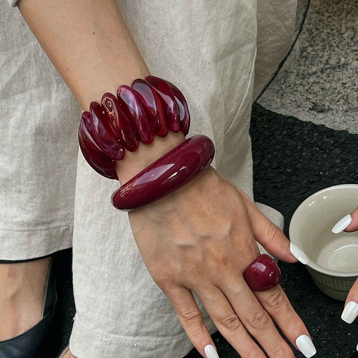 Burgundy Curve-Wave Bracelet Trendy Casual Elastic Bangle