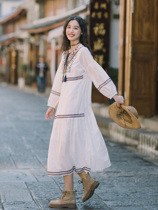 Ethnic Style Embroidered Dress, Heavy Embroidery, Sun Protection, Long Sleeve, Vintage Loose Dress