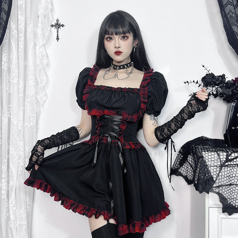 Punk Rock Checkered Mini Dress with Cutout Details