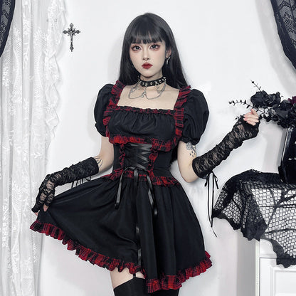 Punk Rock Checkered Mini Dress with Cutout Details