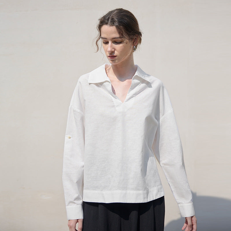White V-Neck Long Sleeve Linen Shirt for Women