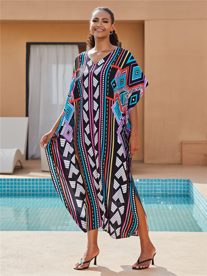 Cotton Watermark Printed Beach Blouses Robe-Style Holiday Sunscreen Blouses Bikini Blouses