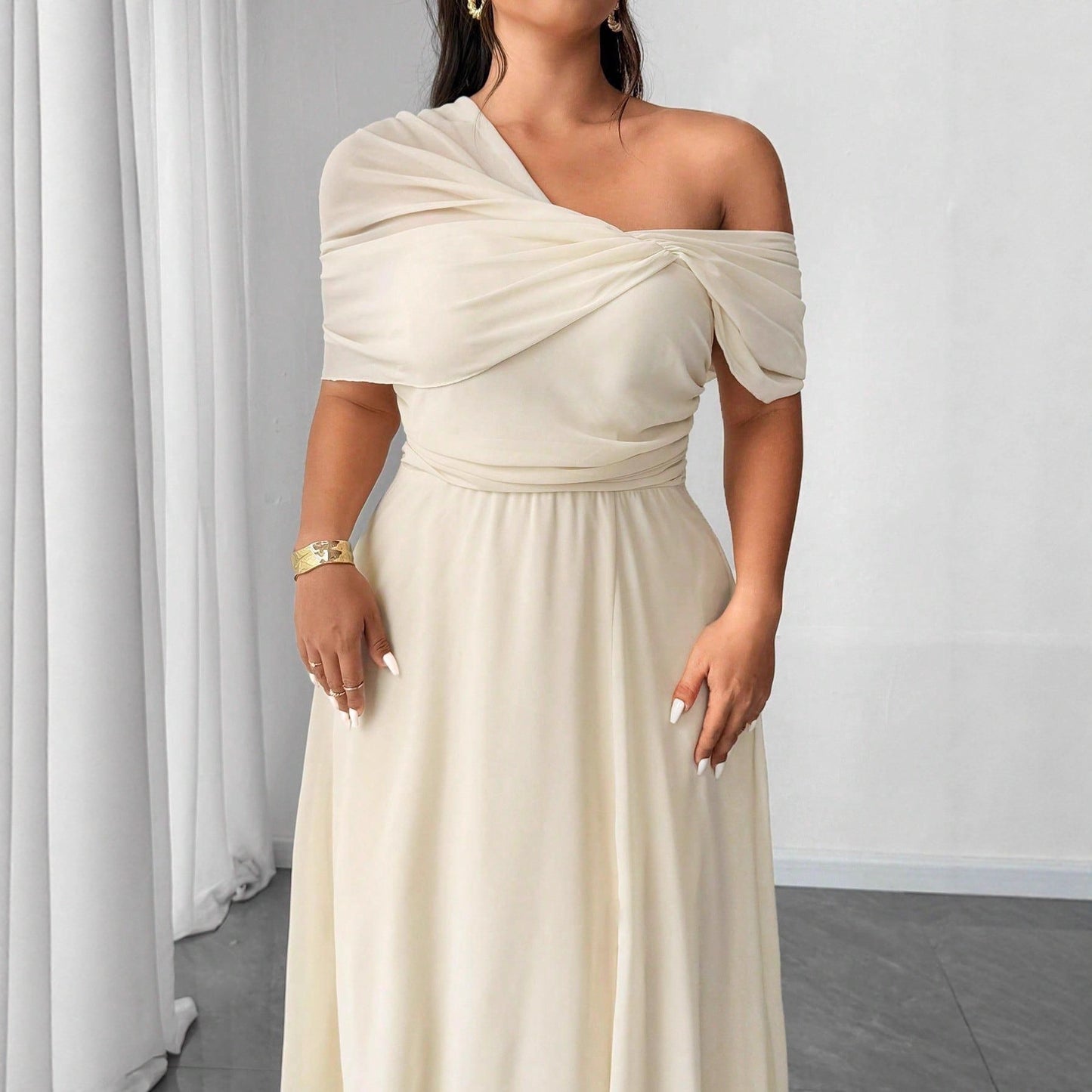 Off-Shoulder High-Waist Dress with Slit