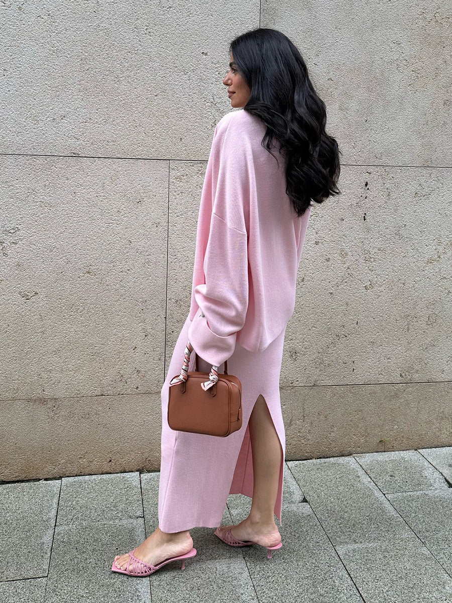 Knitted Long Sleeve Cardigan Set With Camisole And Skirt