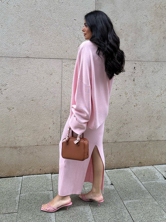 Knitted Long Sleeve Cardigan Set With Camisole And Skirt