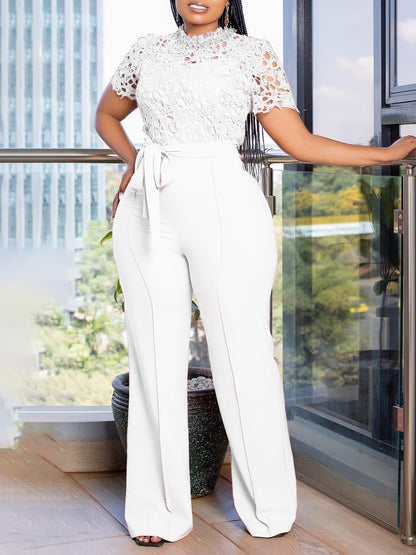 Sexy Lace Trim Halter Jumpsuit Elegant Wide-Leg Pants
