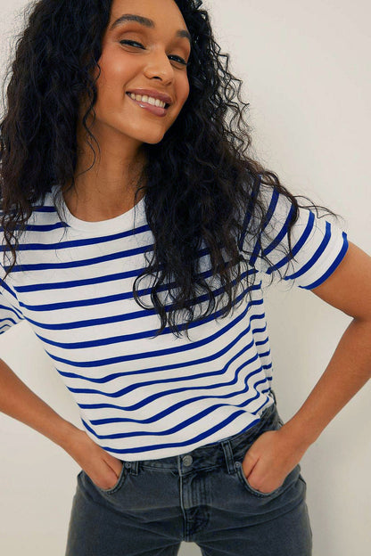 Round Neck Striped Loose Short Sleeves Top