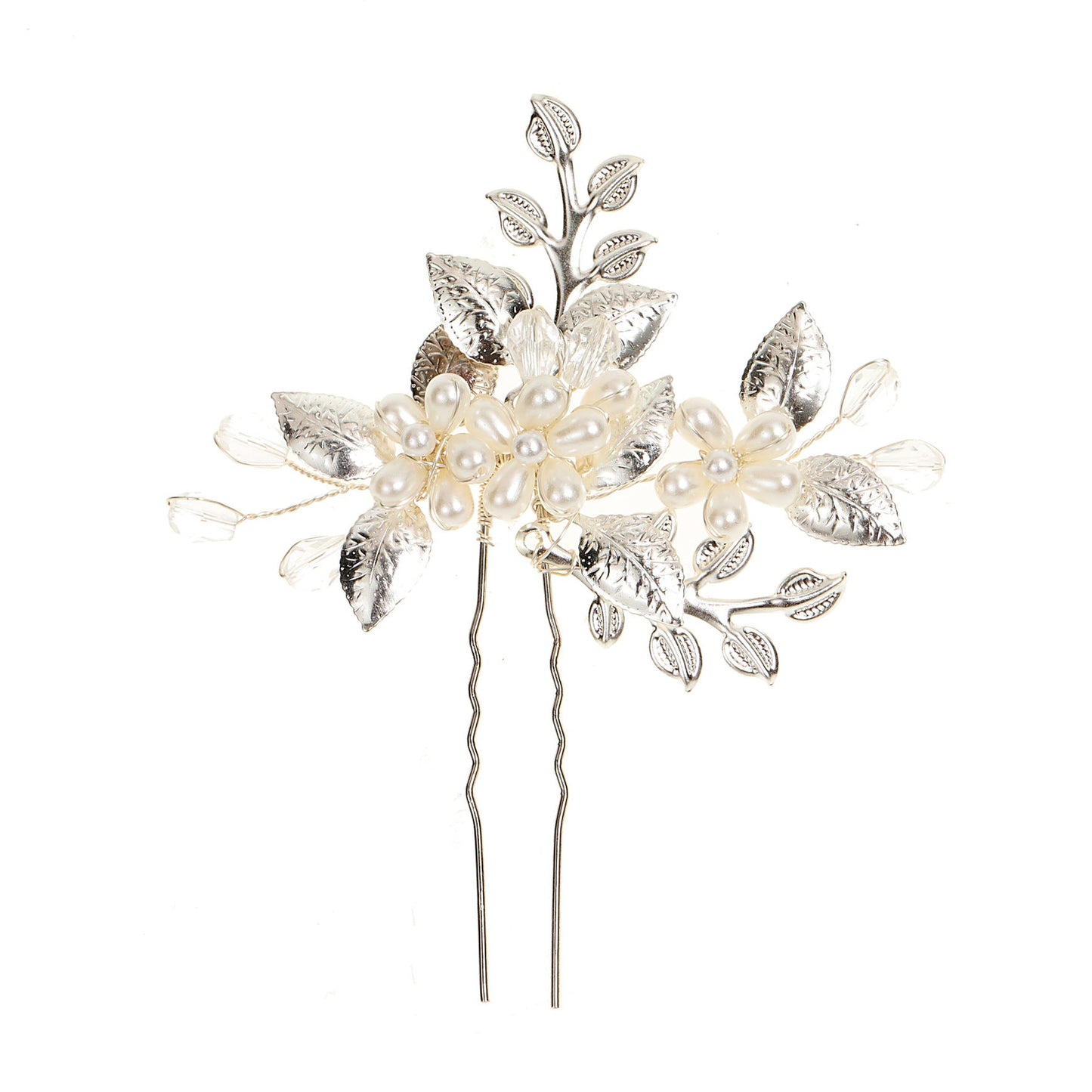 Silver Leaf Handmade Pearl Crystal U-Shaped Hairpin Wedding Hair Accessory