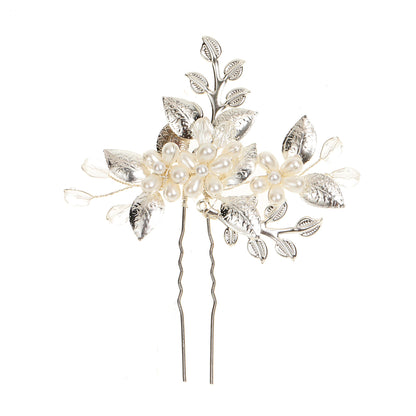 Silver Leaf Handmade Pearl Crystal U-Shaped Hairpin Wedding Hair Accessory