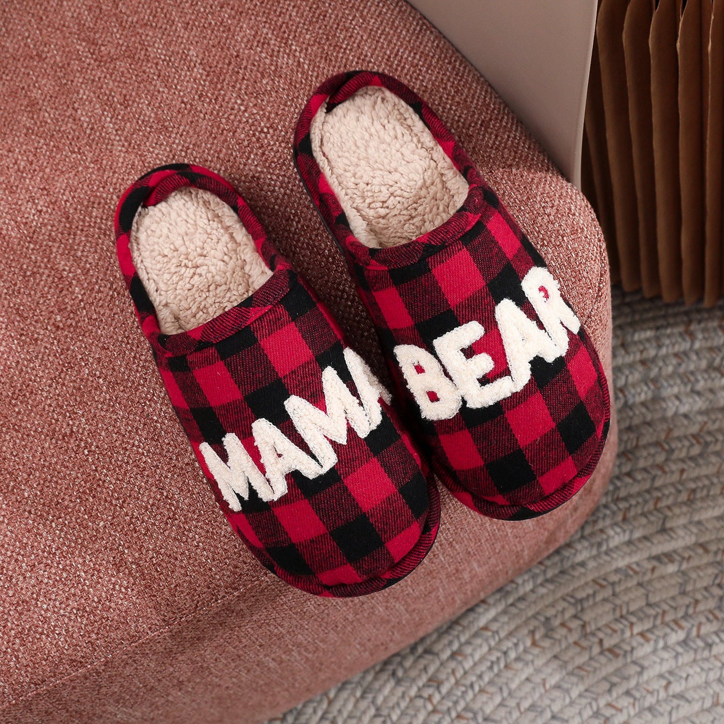 Winter Letter Embroidery Plaid Warm Indoor Slippers