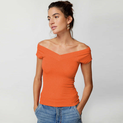 Y2K Solid Color V-Neck Knit T-Shirt for Women