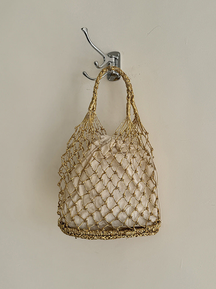 Handwoven Solid Color Tote Bag With Gold & Silver Lurex