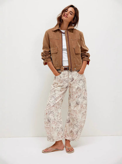 Casual Loose Mid-Rise Women's Denim Pants with Cartoon Patterns