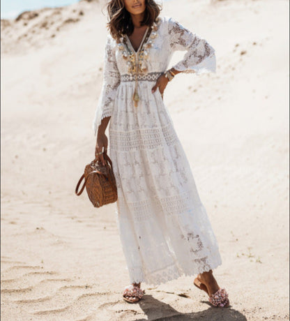 New Lace Stitching Lace Fringed Trumpet Line Long Skirt