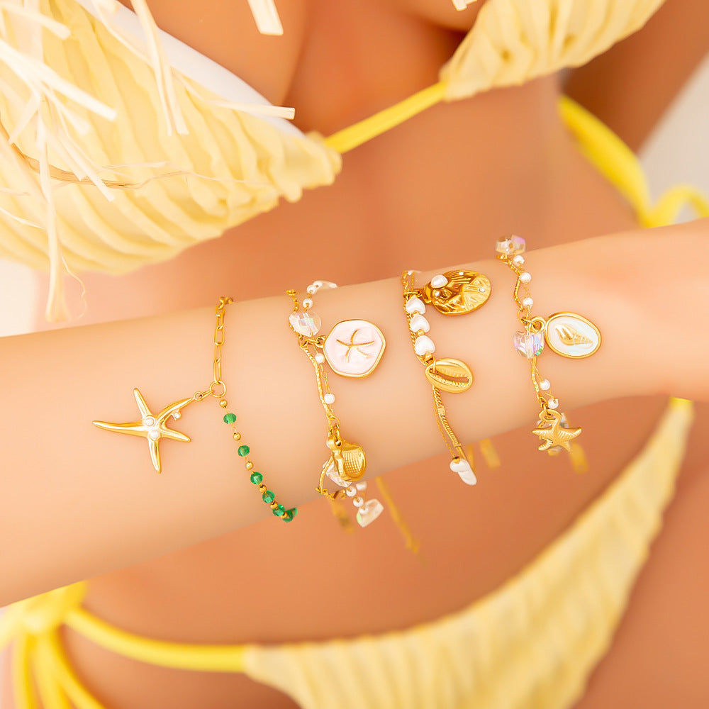 Stainless Steel Pearl Bracelets with Starfish and Shell Charms