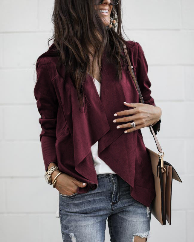 Autumn/Winter New Lapel Solid Color Imitation Deerskin Midi Length Casual Women'S Jacket